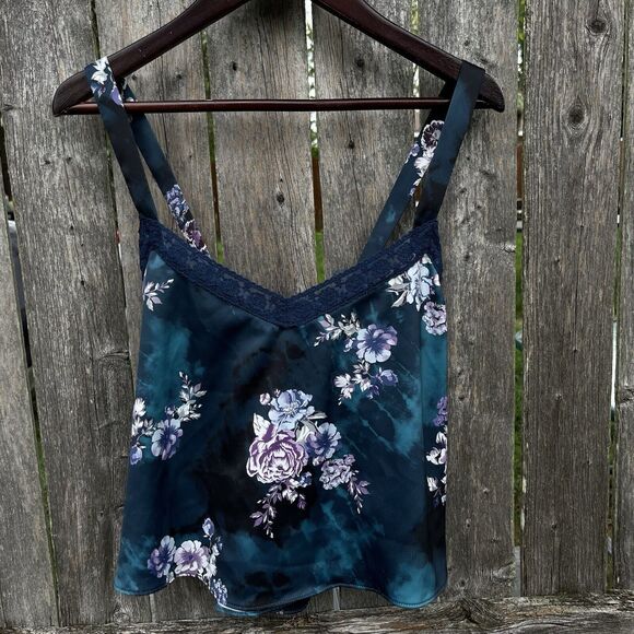 URBAN OUTFITTERS Leandra Whimsigoth Floral Lace Silk Feel Cami, Black/Blue-Large - Picture 1 of 9